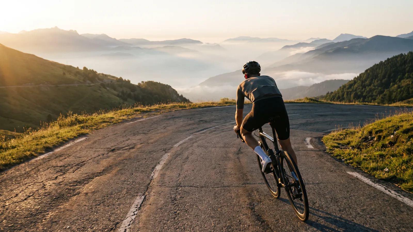 Rennradfahrer auf Bergstraße mit Panorama