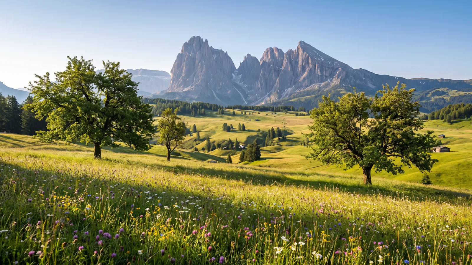 Südtiroler Wiese mit Dolomiten-Gipfeln