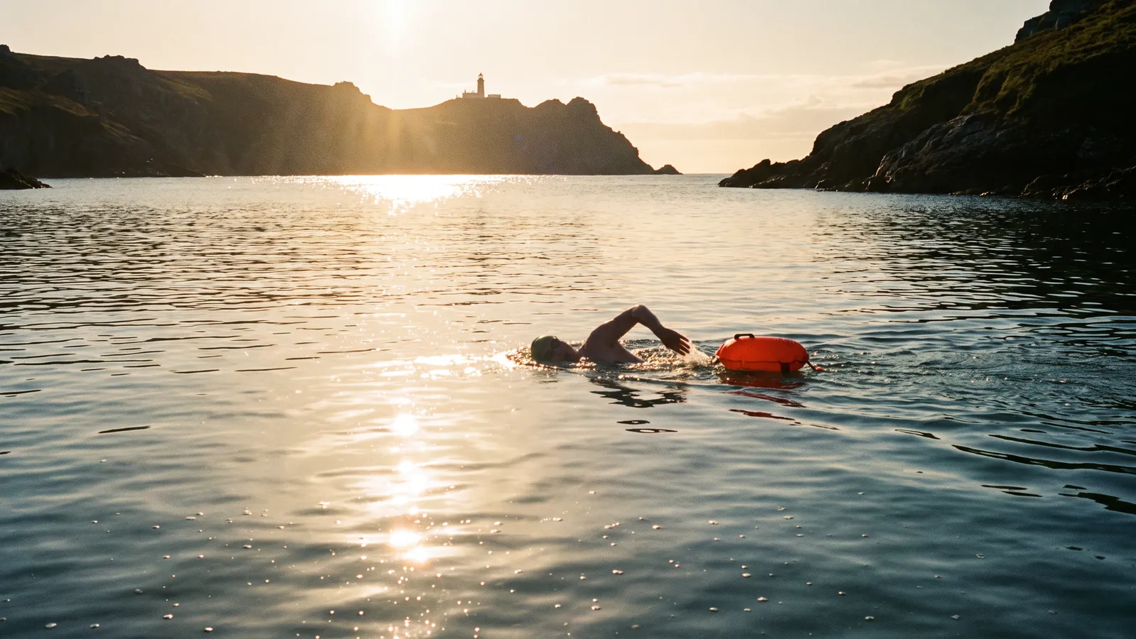 Schwimmer im offenen Wasser an der Küste