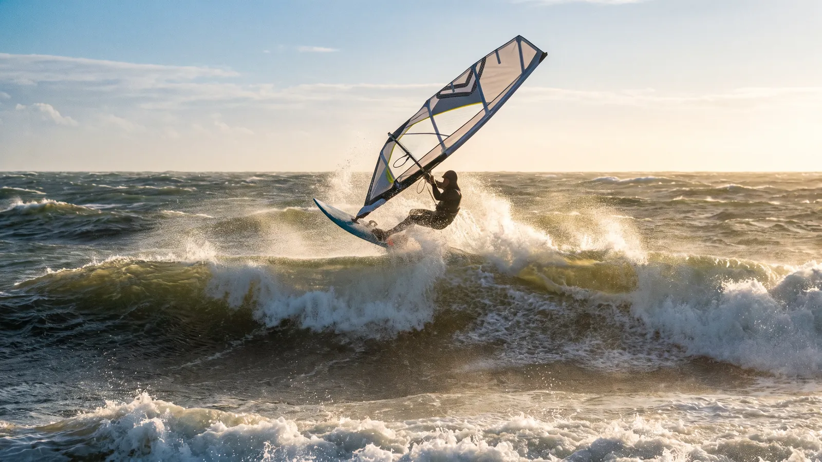 Windsurfer mit Segel auf bewegtem Meer
